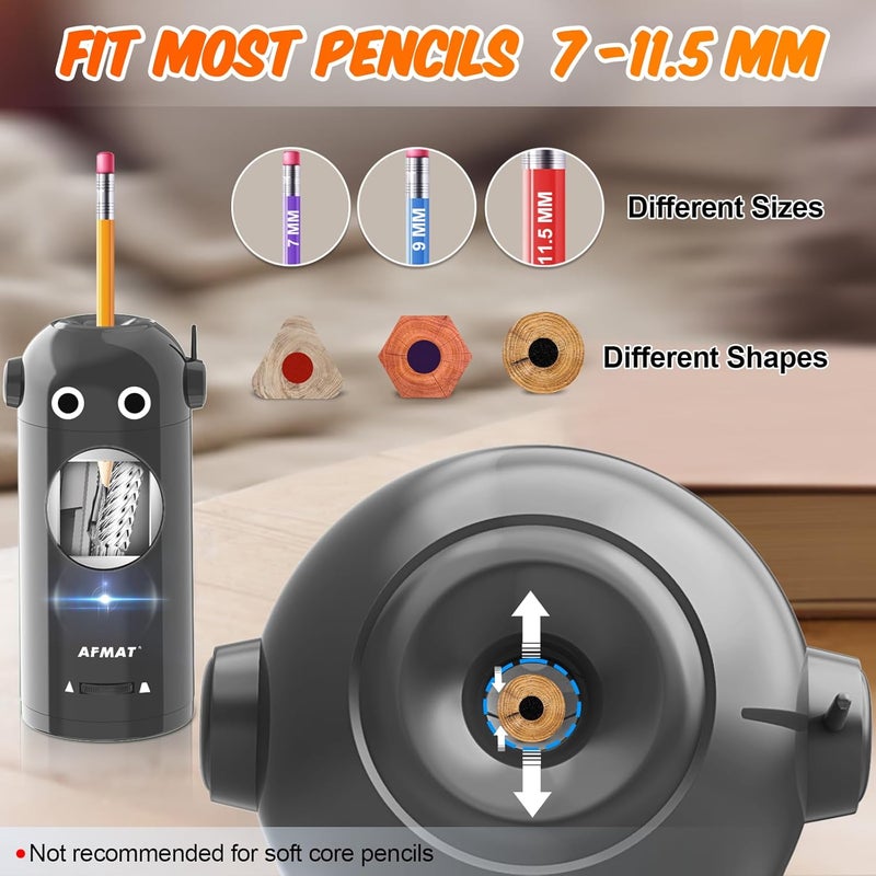 AFMAT Electric Pencil Sharpener for Colored Pencils 7-11.5mm, Fully Automatic Robot Pencil Sharpener, Auto in & Out, Rechargeable Hands-Free for Classroom/Home/Office, Battery Operated, PSX5RB, Gray - Image 3